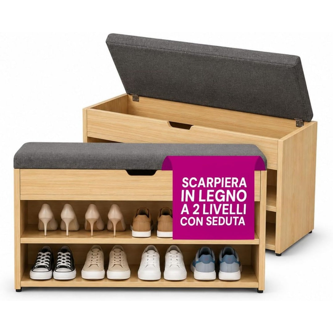Arredo contemporaneo scarpiere in legno con contenitore salvaspazio
